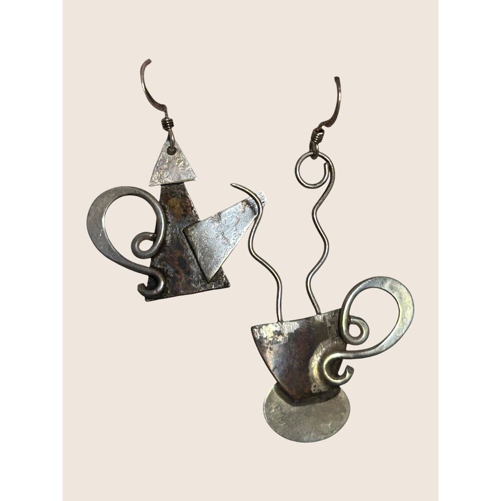 ☕️ VTG STERLING SILVER COPPER MISMATCHED ASYMMETRICAL COFFEE TEA TEAPOT EARRINGS